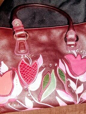 Women’s Floral Appliqué Leather Tote - Pink & Burgundy